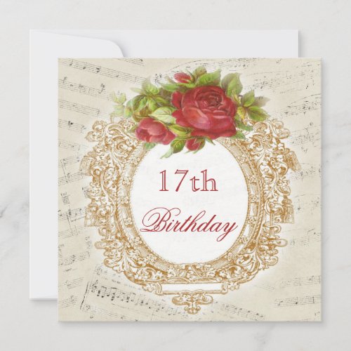 Vintage 17th Birthday Red Rose Frame Music Sheet Invitation