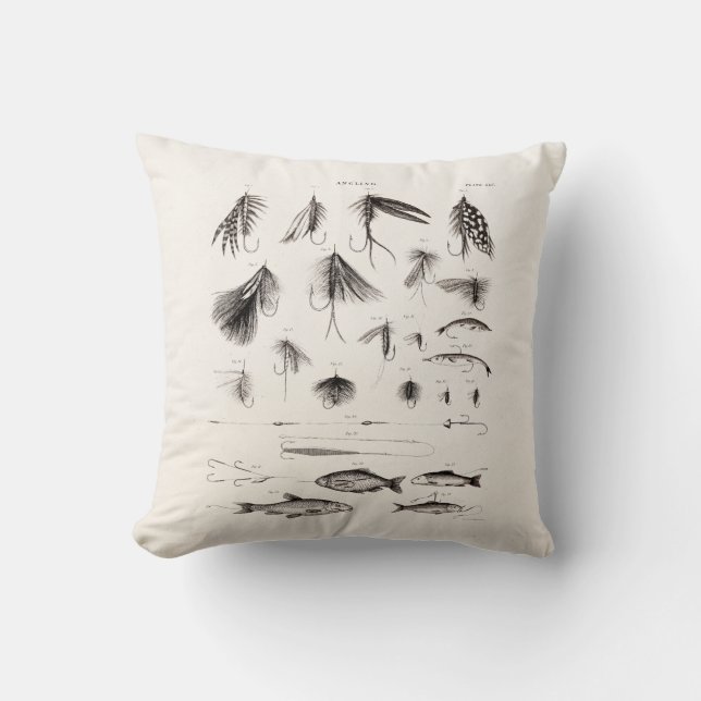 Vintage 1800s Angling Fly Fishing Flies Lure Lures Throw Pillow (Front)