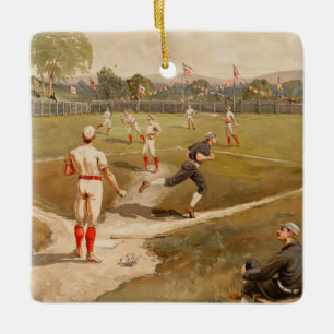 Vintage 1800s Baseball Game Christmas Ceramic Ornament