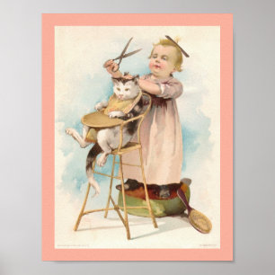 Vintage 1800's Little Girl Giving Cat a Haircut Poster