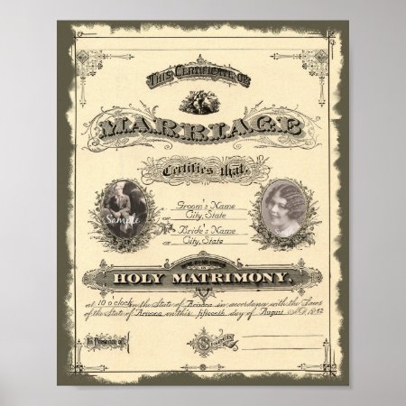 Vintage 1800's Marriage Certificate Poster