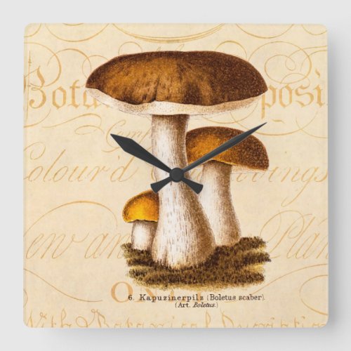 Vintage 1800s Mushroom Scaber Brown Mushrooms Square Wall Clock