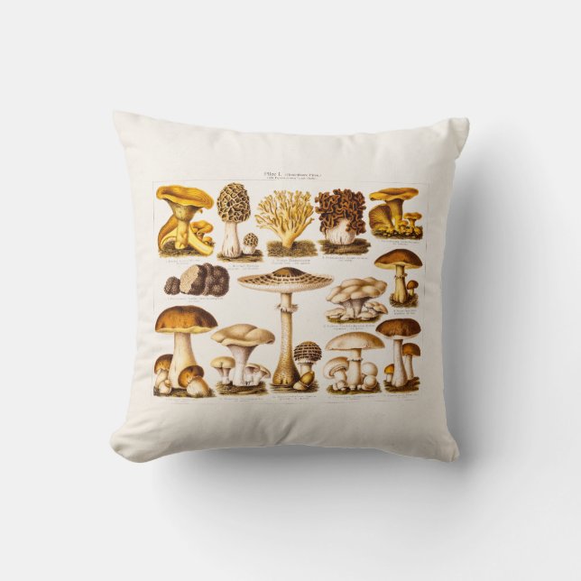Vintage 1800s Mushroom Variety  Mushrooms Template Throw Pillow (Front)