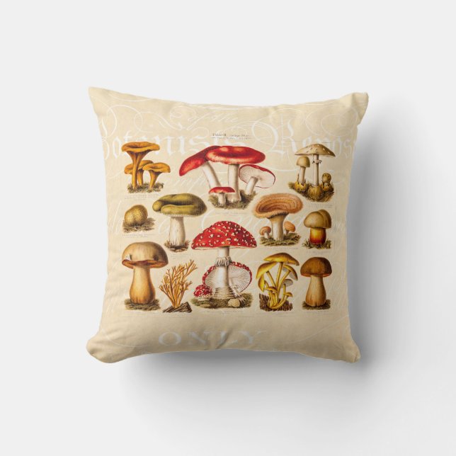 Vintage 1800s Mushroom Variety Red Mushrooms Throw Pillow (Front)
