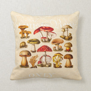 Vintage 1800s Mushroom Variety Red Mushrooms Throw Pillow