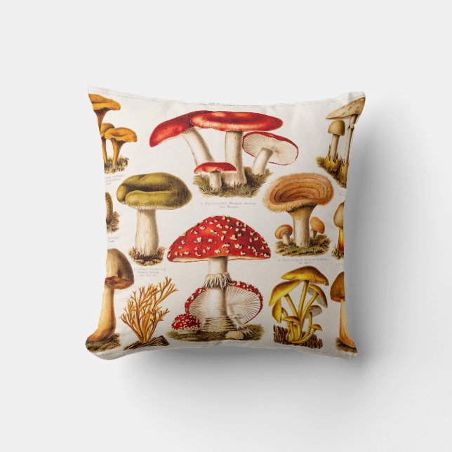 Vintage 1800s Mushroom Variety Template Throw Pillow (Front)