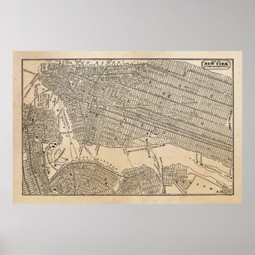 Vintage 1800s New York City Brooklyn Map NYC Maps Poster