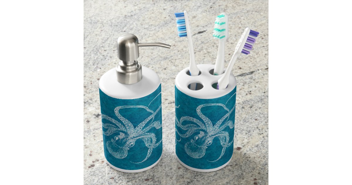 Vintage 1800s Octopus Teal Watercolor Blue Bathroom Set Zazzle