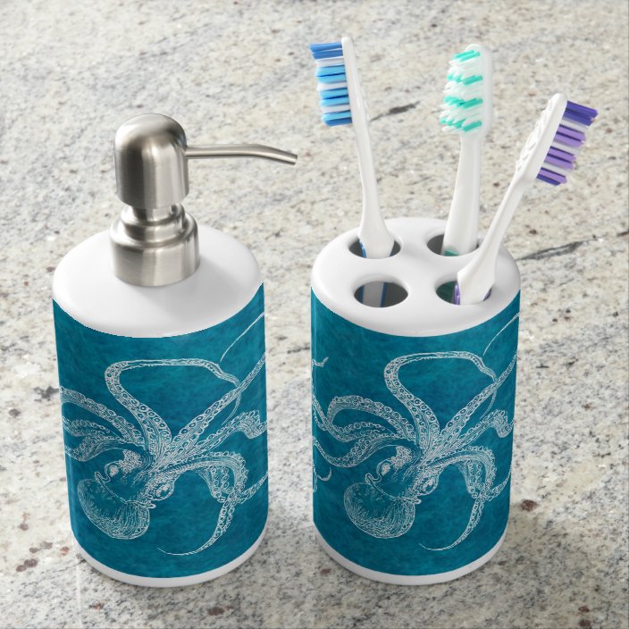 Vintage 1800s Octopus Teal Watercolor Blue Bathroom Set Zazzle Teal Watercolor Blue Bathroom Set