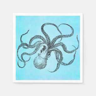 Vintage 1800s Octopus Teal Watercolor Blue Napkins