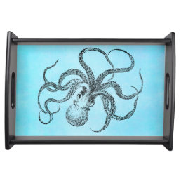 Vintage 1800s Octopus Teal Watercolor Blue Serving Tray