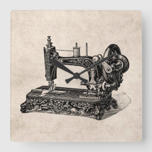Vintage 1800s Sewing Machine Illustration Square Wall Clock