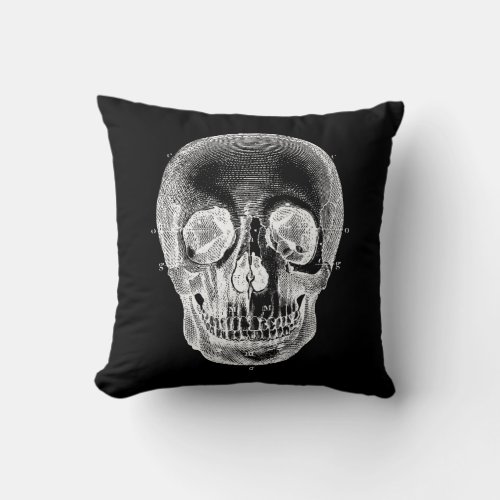 Vintage 1800s Skull Retro Anatomical Black White Throw Pillow
