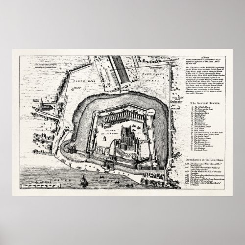 Vintage 1800s Tower of London Antique Map England Poster