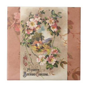 Vintage 1800s Victorian Birthday Floral Country  Ceramic Tile