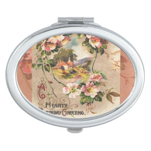 Vintage 1800s Victorian Birthday Floral Country Compact Mirror