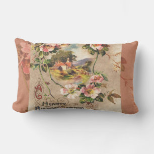 Vintage 1800s Victorian Birthday Floral Country Lumbar Pillow