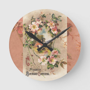 Vintage 1800s Victorian Birthday Floral Country Round Clock