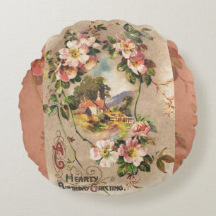 Vintage 1800s Victorian Birthday Floral Country Round Pillow