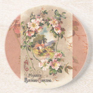 Vintage 1800s Victorian Birthday Floral Country Sandstone Coaster