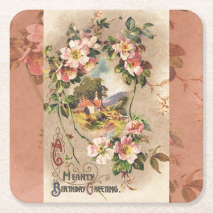Vintage 1800s Victorian Birthday Floral Country  Square Paper Coaster