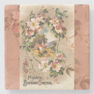 Vintage 1800s Victorian Birthday Floral Country Stone Coaster