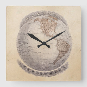 Vintage 1800s World Map Western Hemisphere Globe Square Wall Clock