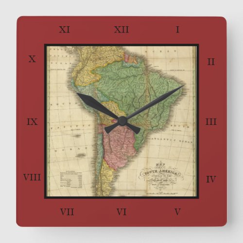 Vintage 1826 South America Map by Anthony Finley Square Wall Clock