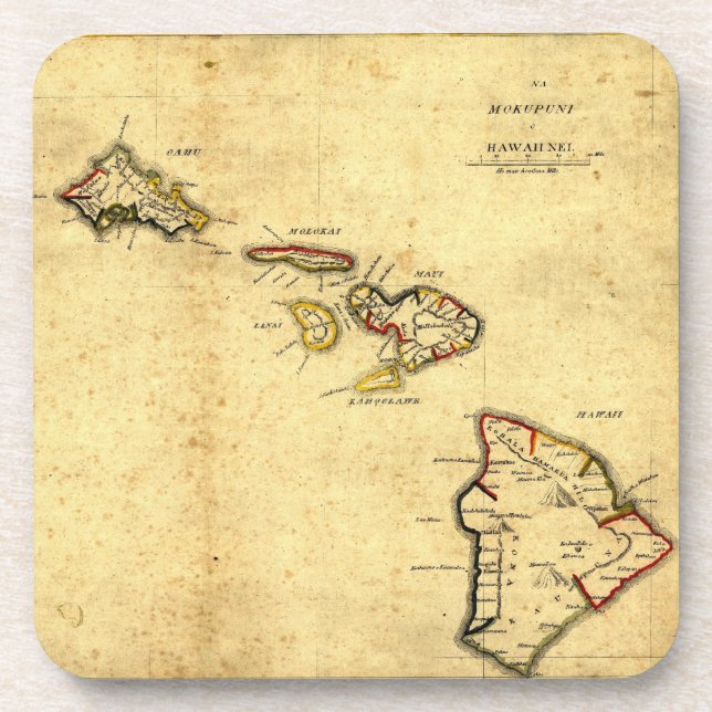 Vintage 1837 Hawaii Map -  Hawaiian Islands Coaster (Front)