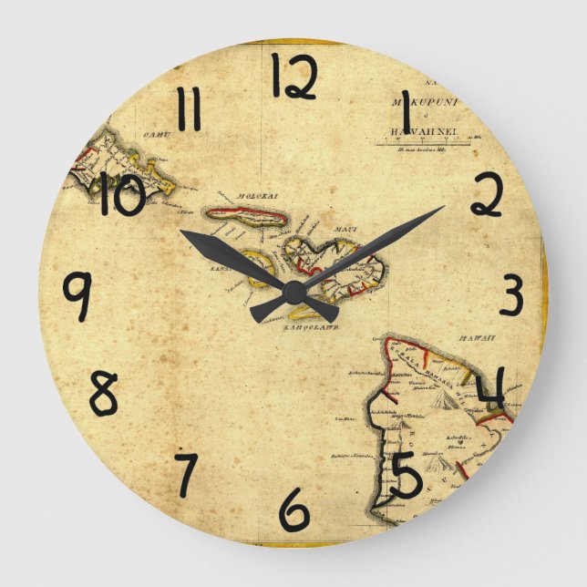 Vintage 1837 Hawaii Map -  Hawaiian Islands Large Clock (Front)