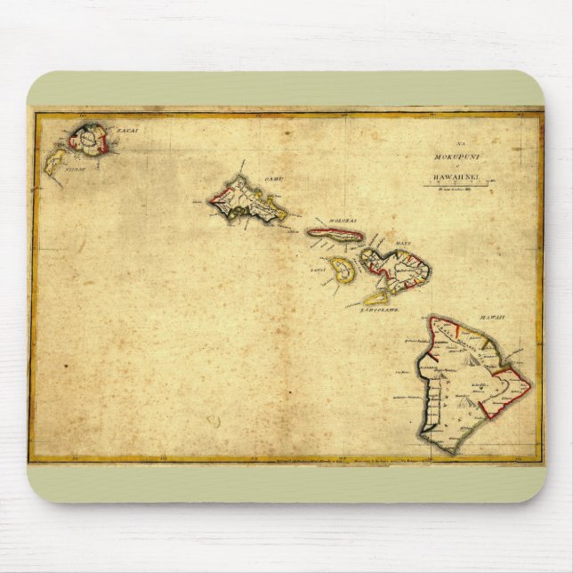 Vintage 1837 Hawaii Map -  Hawaiian Islands Mouse Pad (Front)
