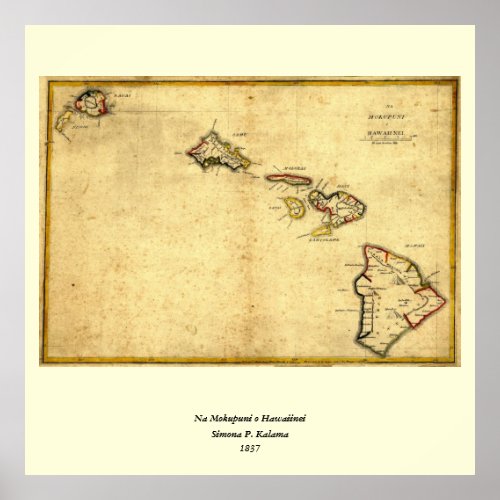 Vintage 1837 Hawaii Map _  Hawaiian Islands Poster