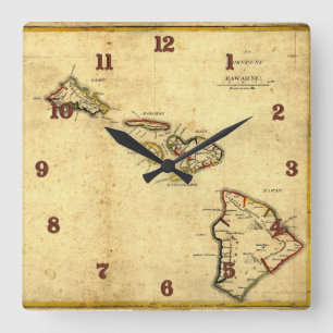 Vintage 1837 Hawaii Map - Hawaiian Islands Square Wall Clock