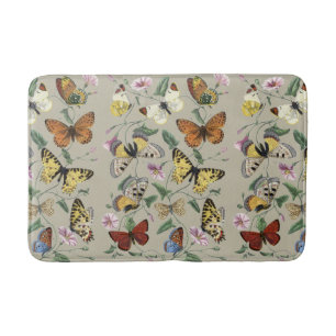 Vintage 1842 Butterfly Moth Botanical Floral Art Bath Mat
