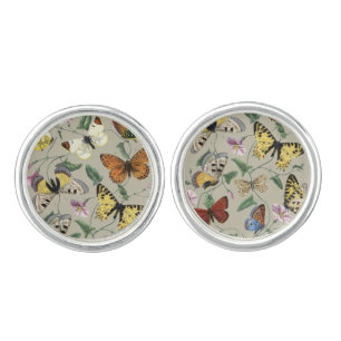 Vintage 1842 Butterfly Moth Botanical Floral Art Cufflinks