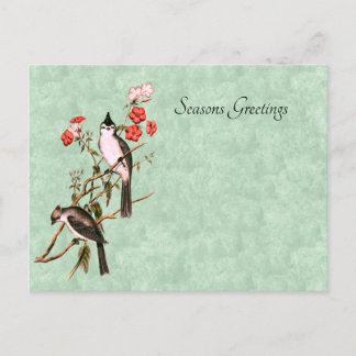 Vintage 1860's Black-Crested Titmouse Pair Holiday Postcard