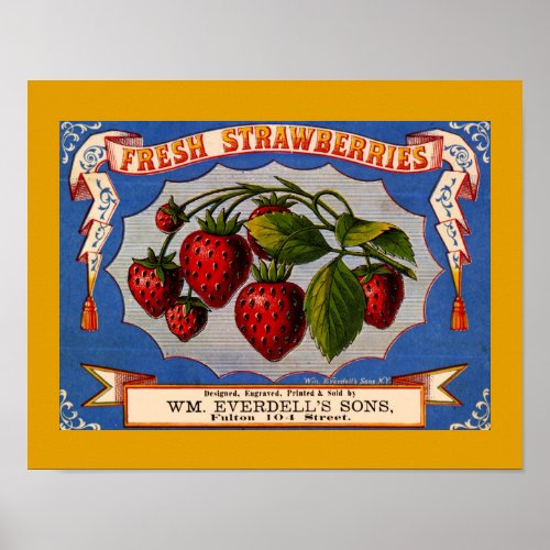 VINTAGE 1868 FRESH STRAWBERRIES LABEL Copy Poster