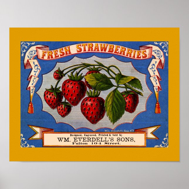 VINTAGE 1868 FRESH STRAWBERRIES LABEL Copy Poster (Front)