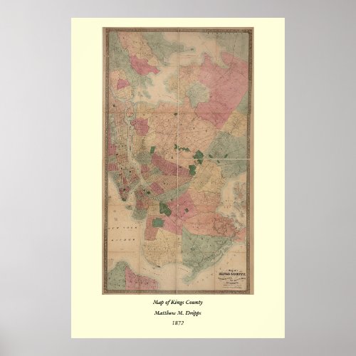 Vintage 1872 Brooklyn Map _ New York City Queens Poster