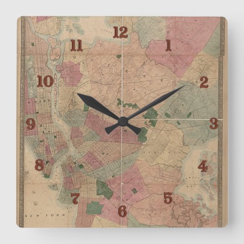 Vintage 1872 Brooklyn Map _ New York City Queens Square Wall Clock