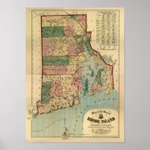 Vintage 1880 Rhode Island Map Poster
