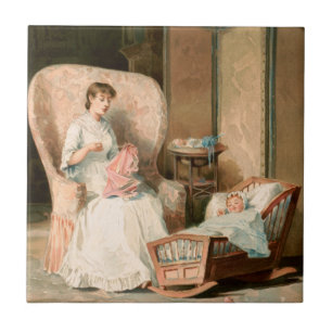 Vintage 1888 Mother and Sleeping Baby, Restored Ceramic Tile