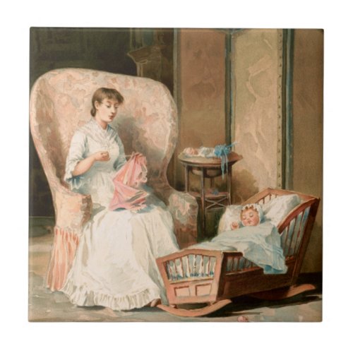 Vintage 1888 Mother and Sleeping Baby Restored Ceramic Tile