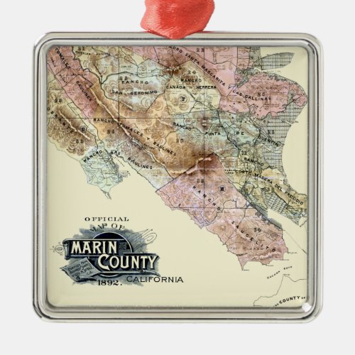 Vintage 1890 Map of Marin County Metal Ornament