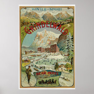 Vintage 1890s Swiss Alps winter sports hotels ad Poster