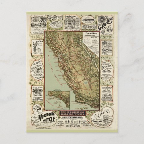 Vintage 1895 California Bicycle Cycling Map Postcard