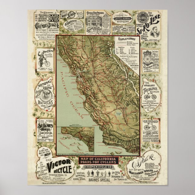 Vintage 1895 California Bicycle Cycling Map Poster (Front)