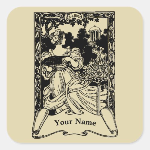 Vintage 1898 Art Nouveau Style Ex Libris Template Square Sticker