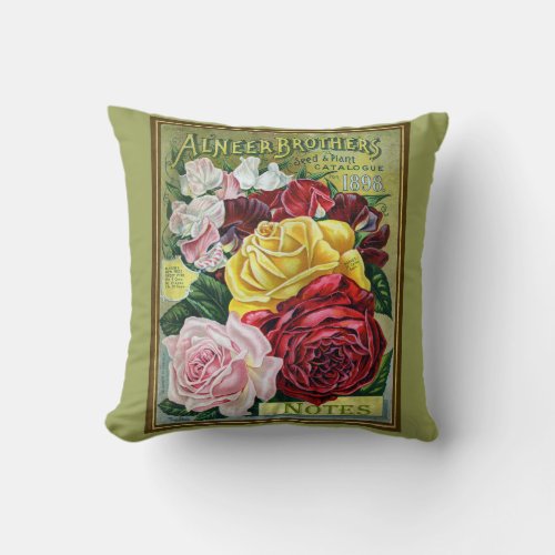 Vintage 1898 Cabbage Rose Seed Catalogue Throw Pillow