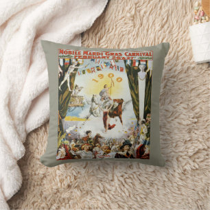 Vintage 1900 Mobile Mardi Gras Carnival Poster Art Throw Pillow